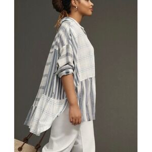 Pilcro Anthropologie Mixed Plaid Stripe Peplum Button Down Shirt Blue White LP